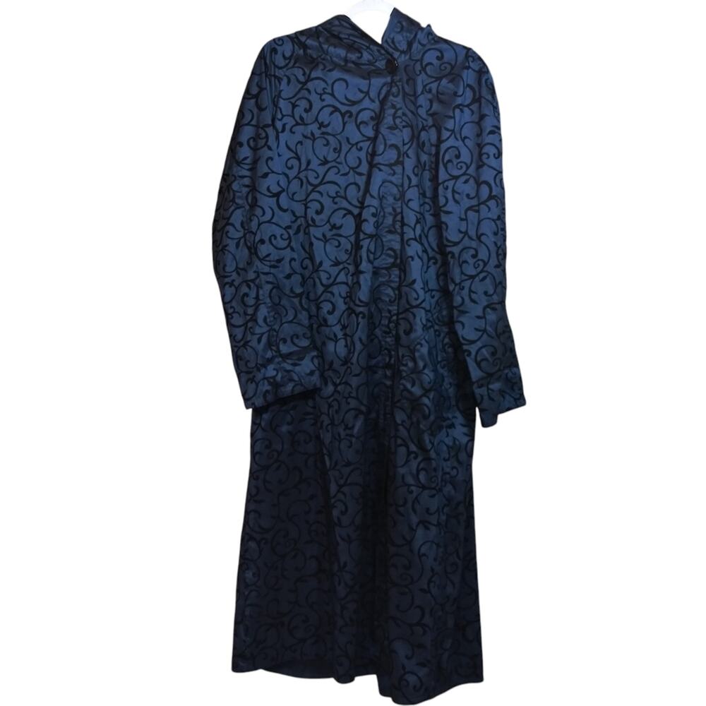 Bagit Vintage Reversible Navy Blue Long Coat with Scroll Jacquard Pattern Size M